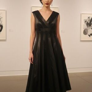 Adrianna Papell Black Satin V-Neck A-Line Dress